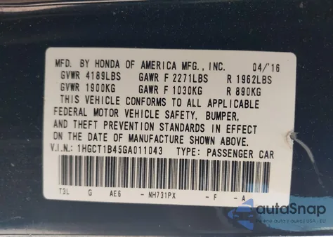 2016 Honda Accord Lx-S z USA, uszkodzony, nr VIN 1HGCT1B45GA011043